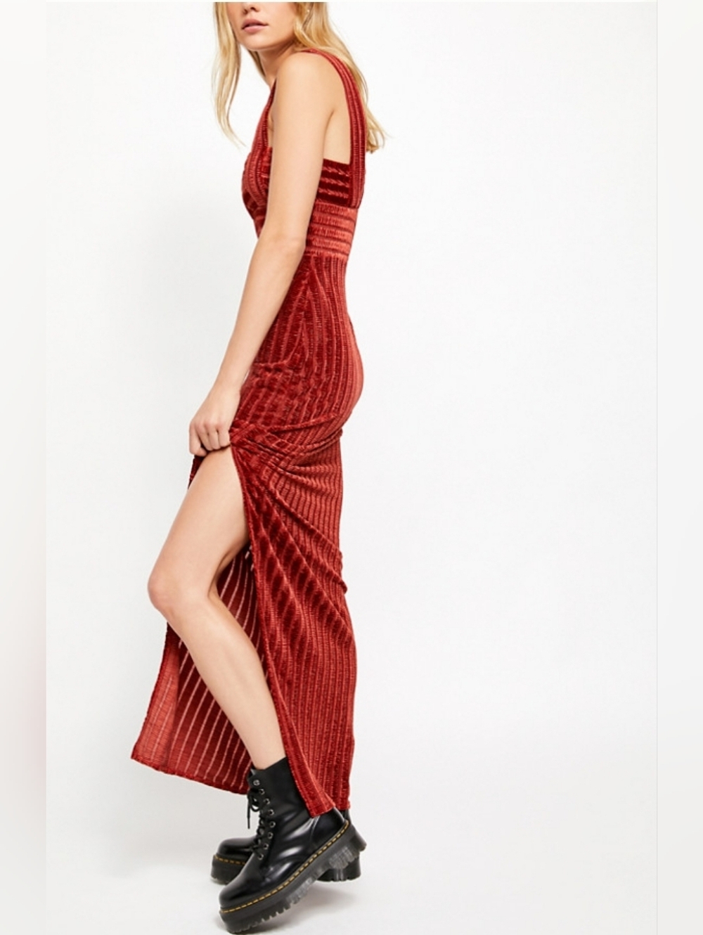 Free People Rust Velvet Maxi Knit Dress Square Neck Side Slit Medium - Picture 5 of 16